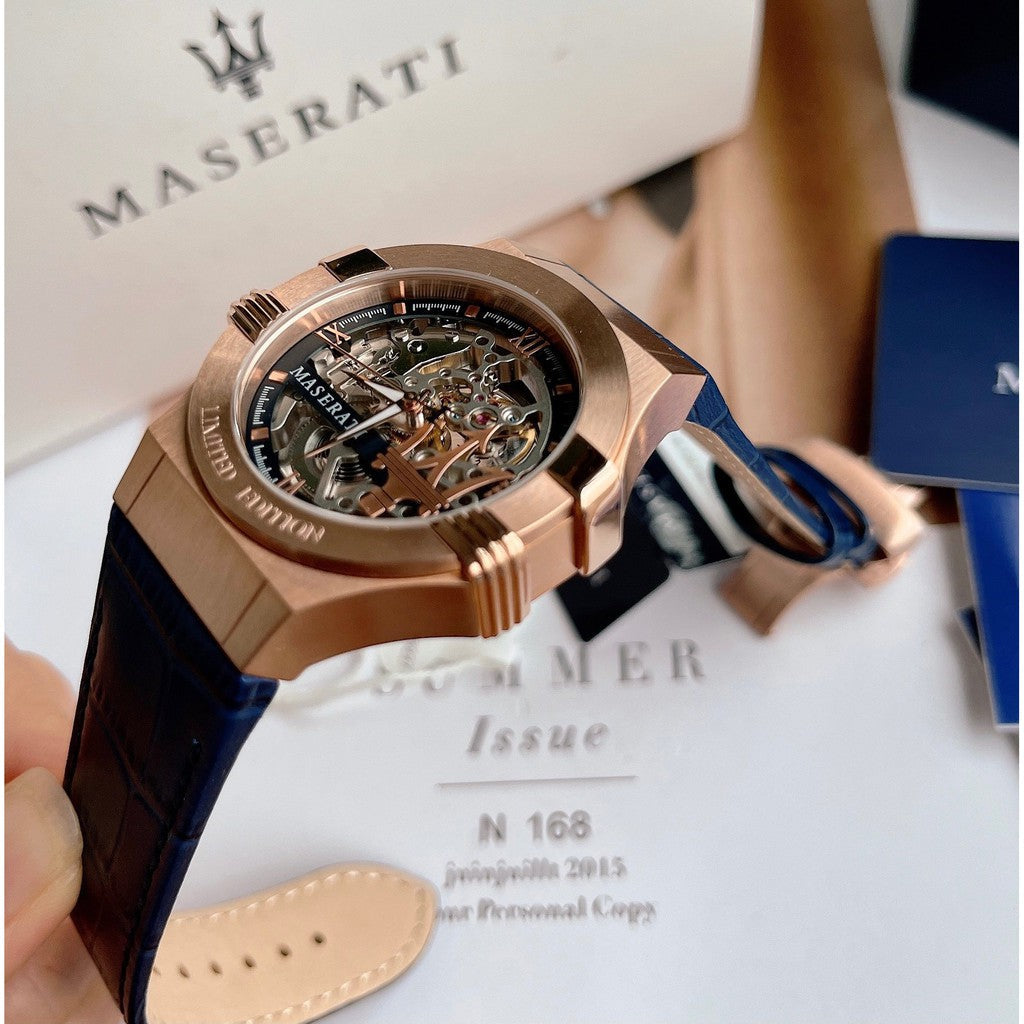 Maserati Automatic Skeleton Dial Rose Gold Blue Leather Strap Watch For Men - R8821108022 Buy Now By Maserati