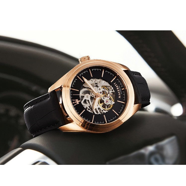 Maserati Traguardo Automatic Black Skeleton Dial Black Leather Strap Watch For Men - R8821112001 Buy Now By Maserati