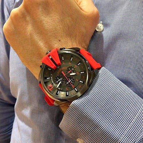 Diesel Mega Chief Chronograph Black Dial Red Silicone Strap Watch For Men - DZ4427 Buy Now By Diesel