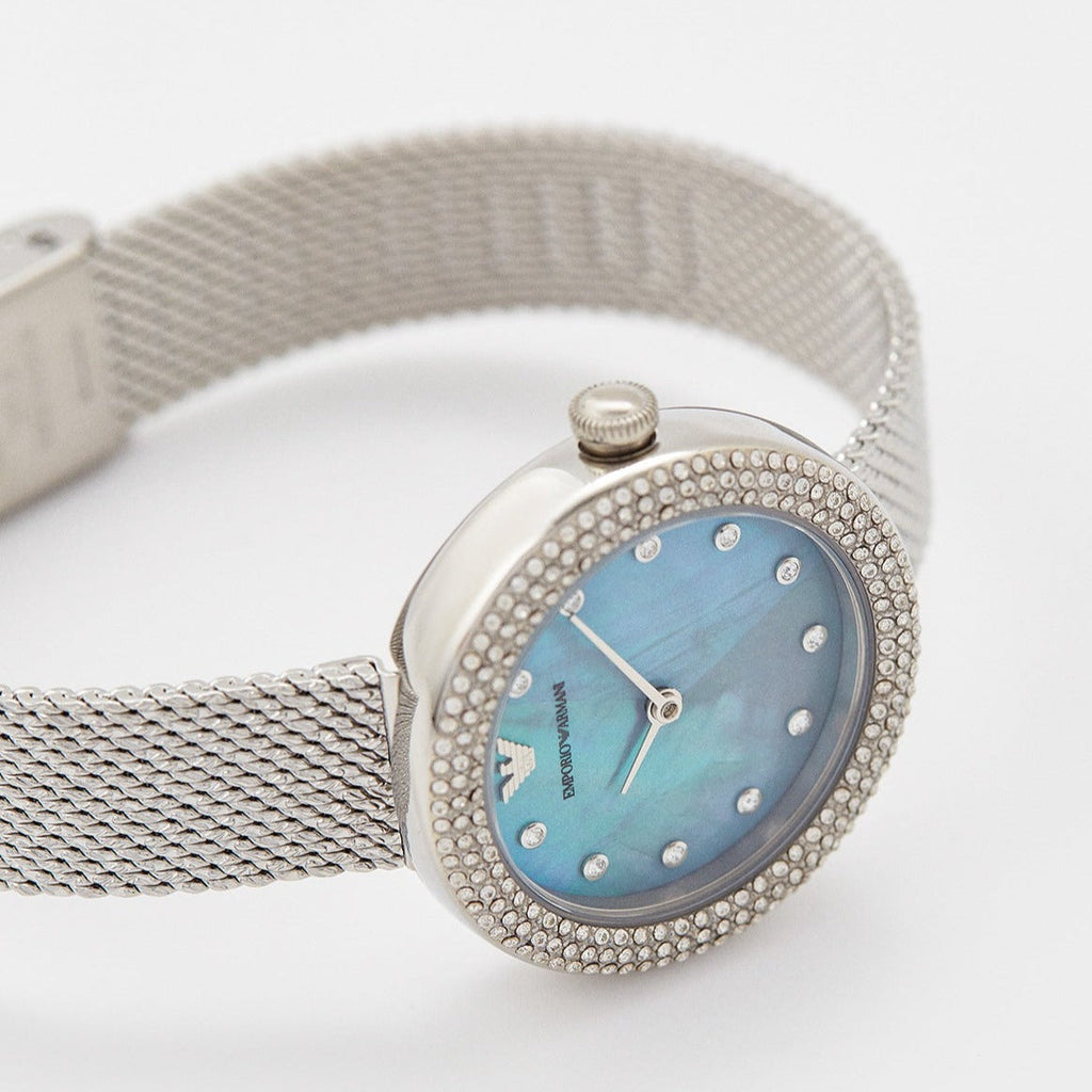 Emporio Armani Rosa Diamonds Mother of Pearl Blue Dial Silver Mesh Bracelet Watch For Women - AR11380 Buy Now By Emporio Armani
