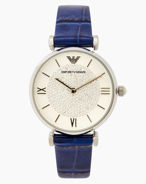 Emporio Armani Gianni T Bar Quartz Crystals Silver Dial Blue Leather Strap Watch For Women - AR11344 Buy Now By Emporio Armani