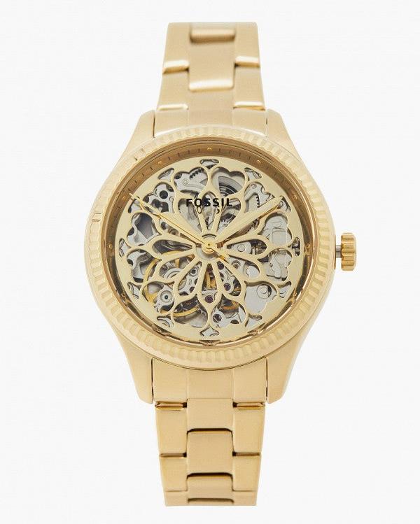Fossil Rye Automatic Skeleton Gold Dial Gold Steel Strap Watch for Women - BQ3755 Buy Now By Fossil