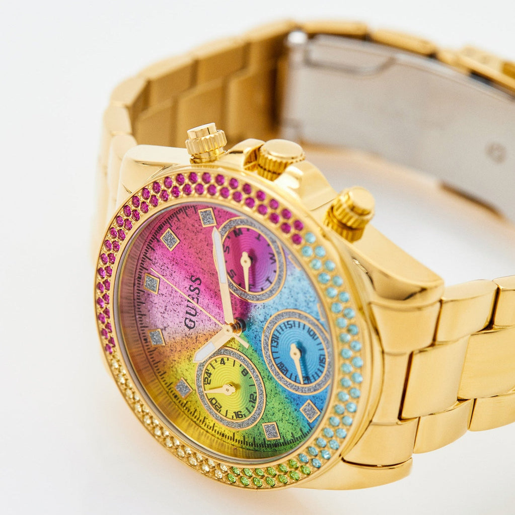 Guess Confetti Chronograph Rainbow Dial Gold Steel Strap Watch For Women - GW0483L4 Buy Now By Guess