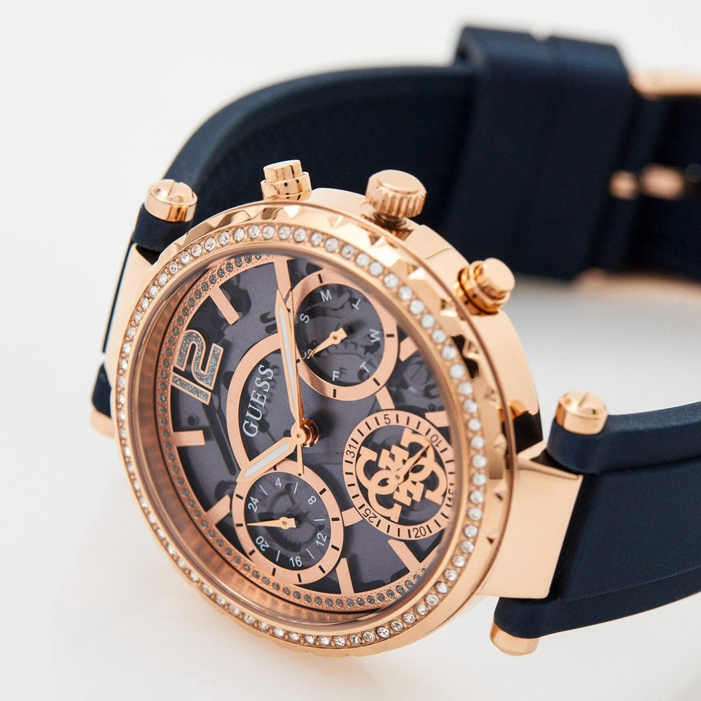 Guess Solistice Diamonds Roe Gold Dial Black Rubber Strap Watch for Women - GW0484L2 Buy Now By Guess