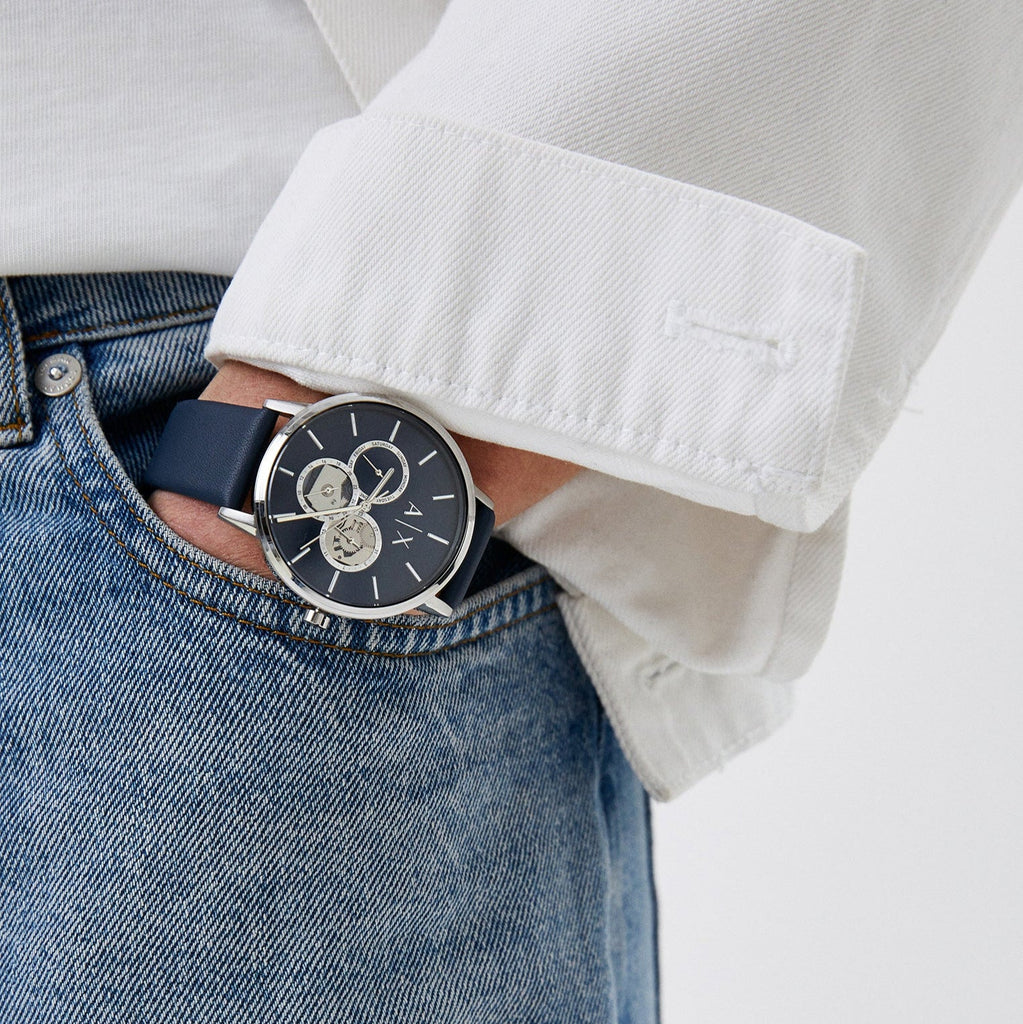 Armani Exchange Cayde Chronograph Blue Dial Blue Leather Strap Watch for Men - AX2746 Buy Now By Armani Exchange