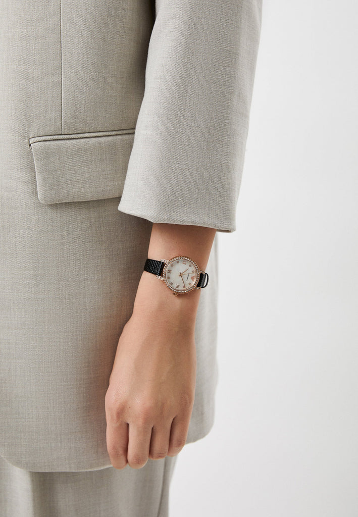 Emporio Armani Cleo Three-Hand Mother of Pearl Dial Black Leather Strap Watch For Women - AR11485 Buy Now By Emporio Armani