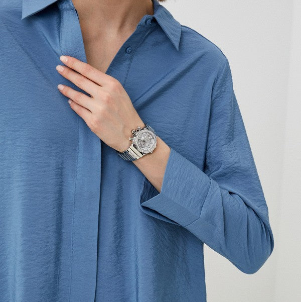 Guess Fusion Chronograph Crystals Silver Dial Silver Steel Strap Watch For Women - GW0552L1 Buy Now By Guess