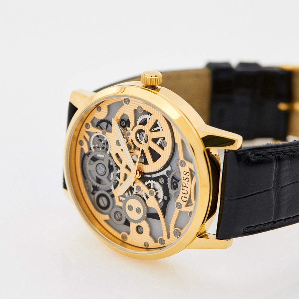 Guess Gadget Gold Dial Black Leather Strap Watch for Men - GW0570G1 Buy Now By Guess