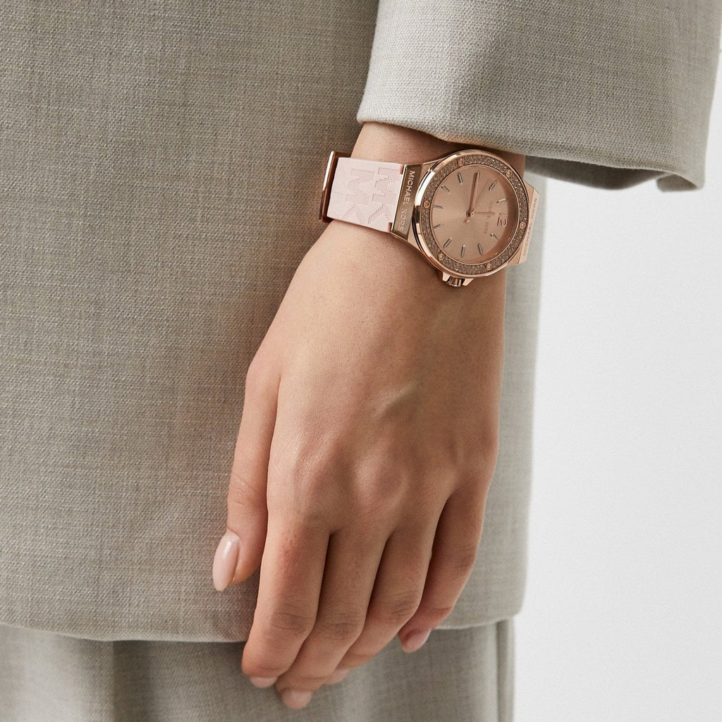 Michael Kors Mini Lennox Three-Hand Rose Gold Dial Pink Silicone Strap Watch For Women - MK7282 Buy Now By Michael Kors