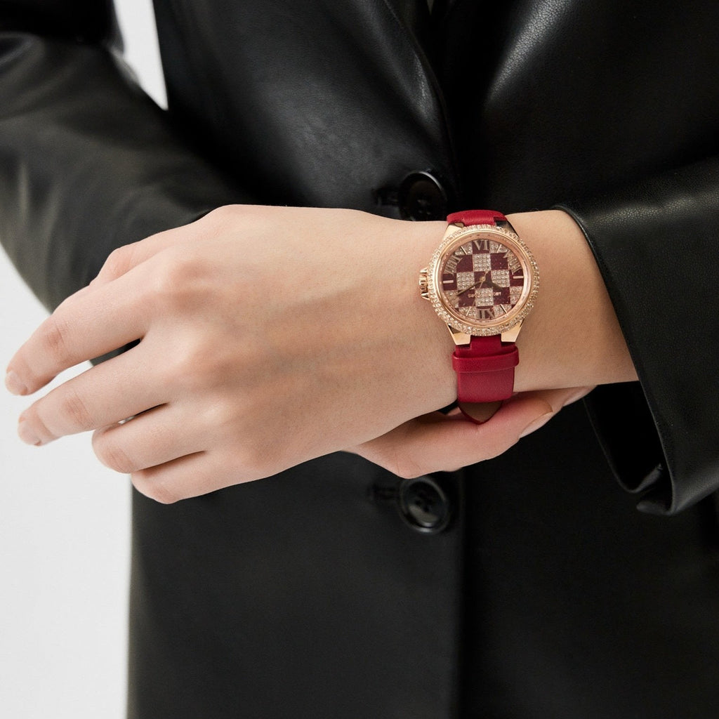Michael Kors Camille Three Hand Crystals Rose Gold Dial Red Leather Strap Watch For Women - MK4701 Buy Now By Michael Kors