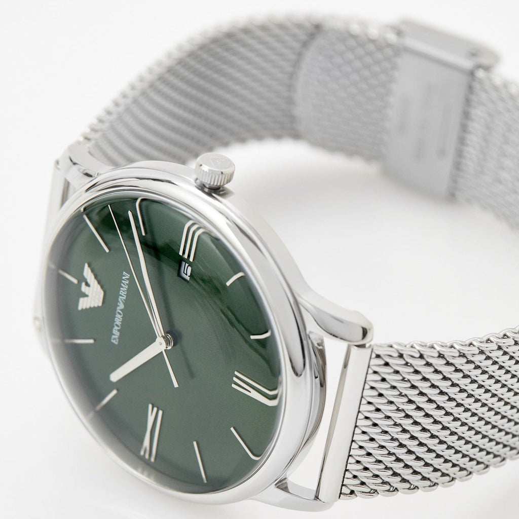 Emporio Armani Minimalist Quartz Green Dial Silver Mesh Bracelet Watch For Men - AR11578 Buy Now By Emporio Armani