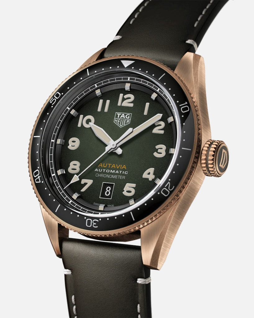 Tag Heuer Autavia Calibre 5 Automatic Olive Green Dial Green Leather Strap Watch for Men - WBE5190.FC8268 Buy Now By Tag Heuer
