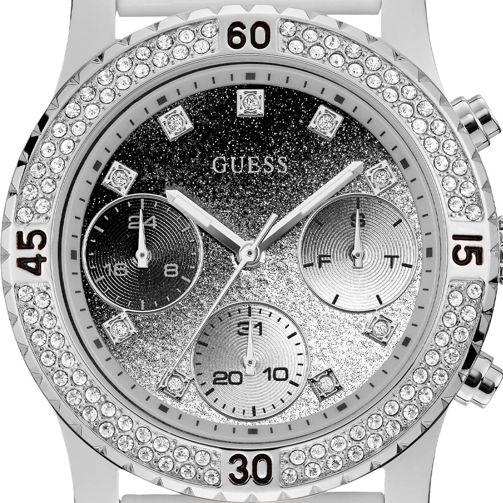 Guess Confetti Crystal Black Dial White Silicone Strap Watch For Women - W1098L1 Buy Now By Guess