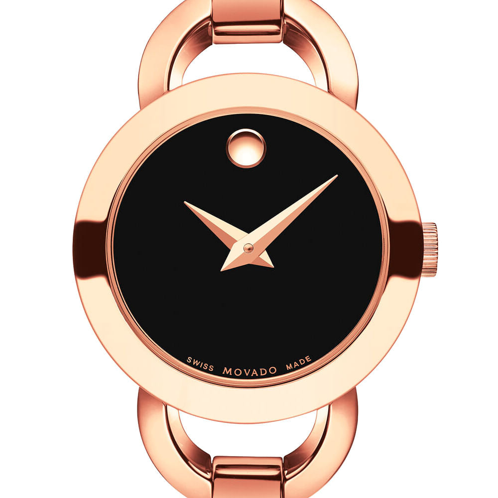 Movado Rondiro 22mm Black Dial Rose Gold Steel Strap Watch For Women - 0607065 Buy Now By Movado