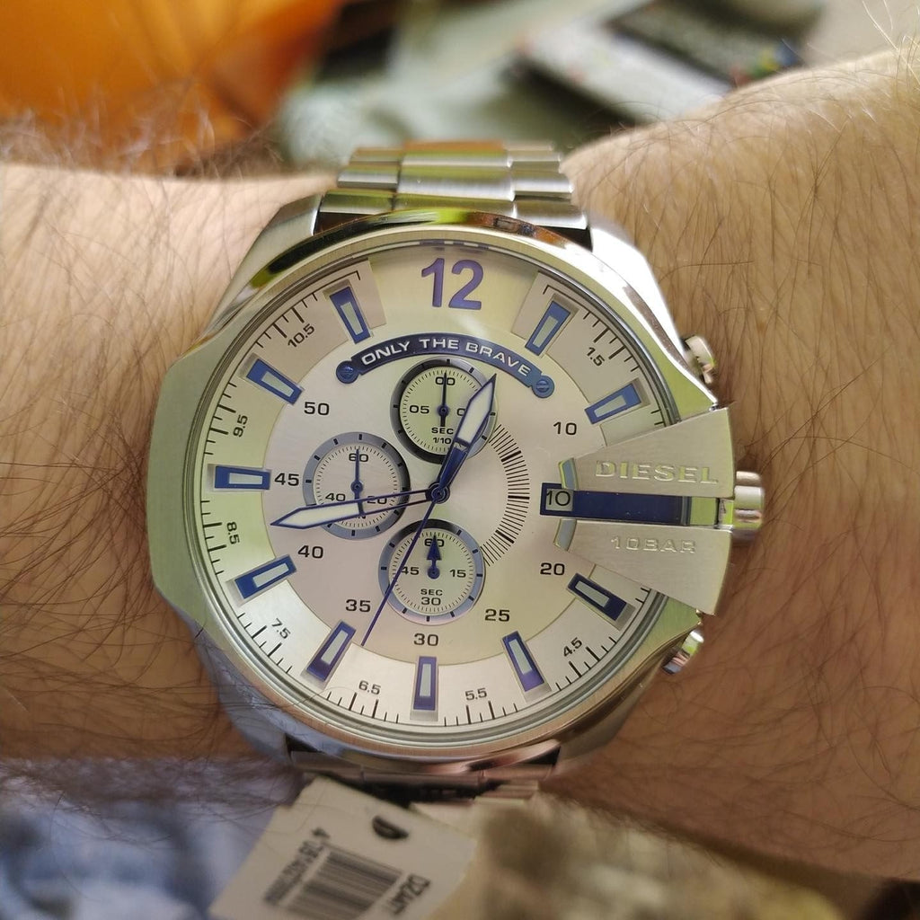 Diesel Mega Chief Chronograph Silver Dial Silver Steel Strap Watch For Men - DZ4477