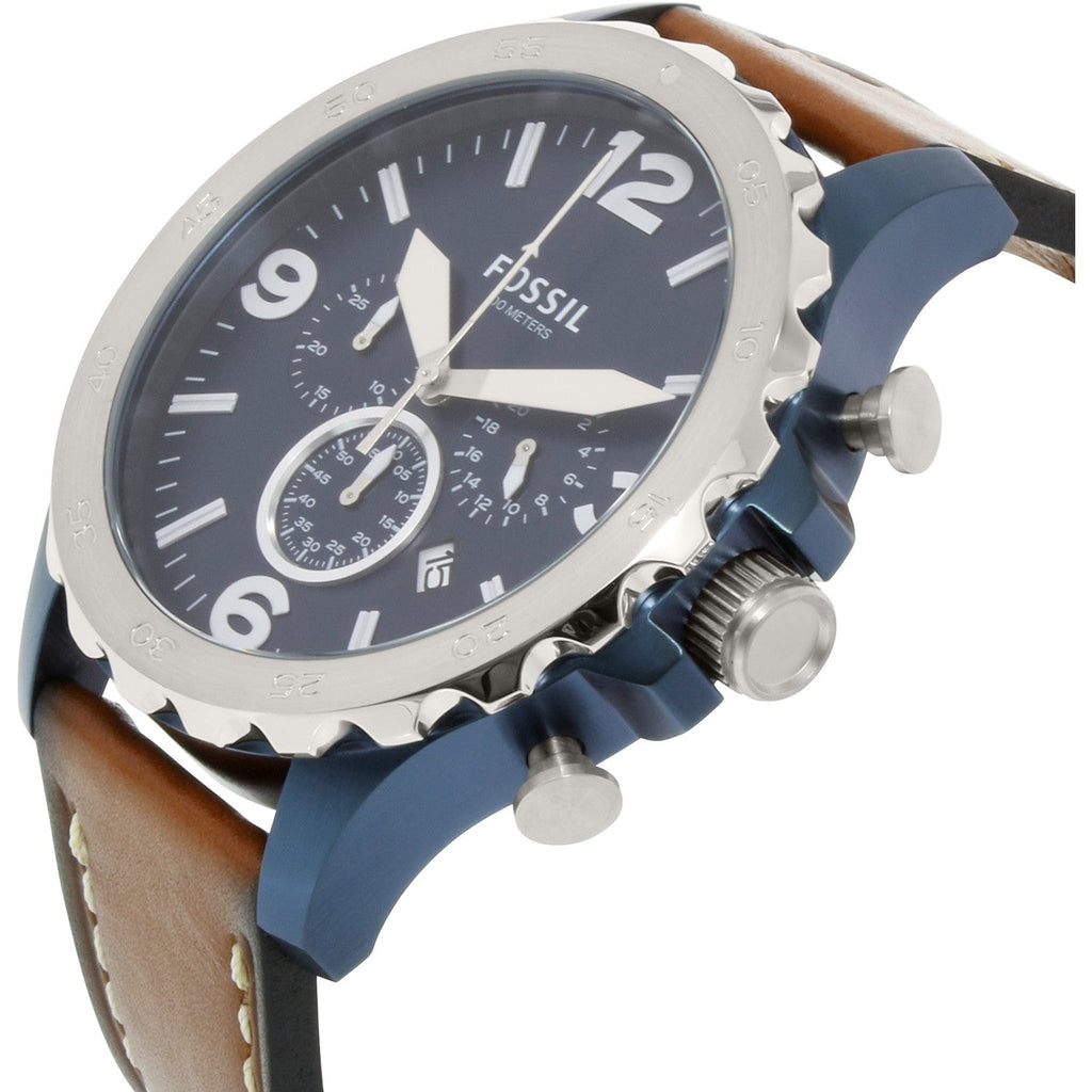 Fossil Nate Chronograph Navy Blue Dial Brown Leather Strap Watch for Men - JR1504 Buy Now By Fossil