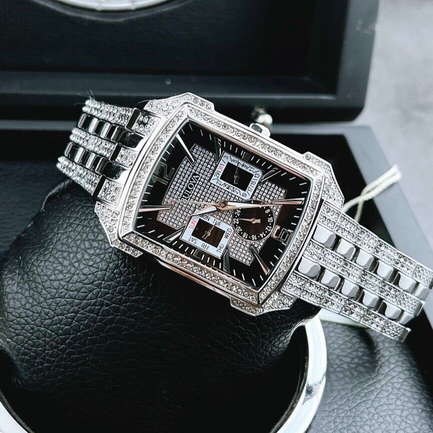 Bulova Crystal Collection Black Dial Silver Steel Strap Watch for Men - 98C108 Buy Now By Bulova