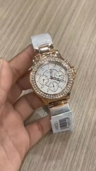 Guess Crown Jewel Multifunction Diamonds White Dial Rose Gold Steel Strap Watch For Women - GW0410L3 Buy Now By Guess