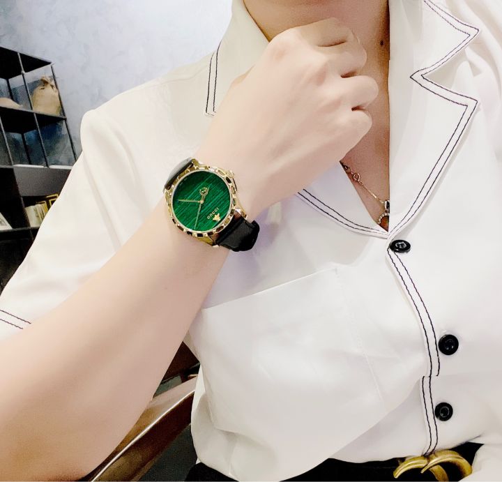 Gucci Le Marche Des Merveilles Quartz Green Dial Black Leather Strap Watch For Women - YA126463 Buy Now By Gucci