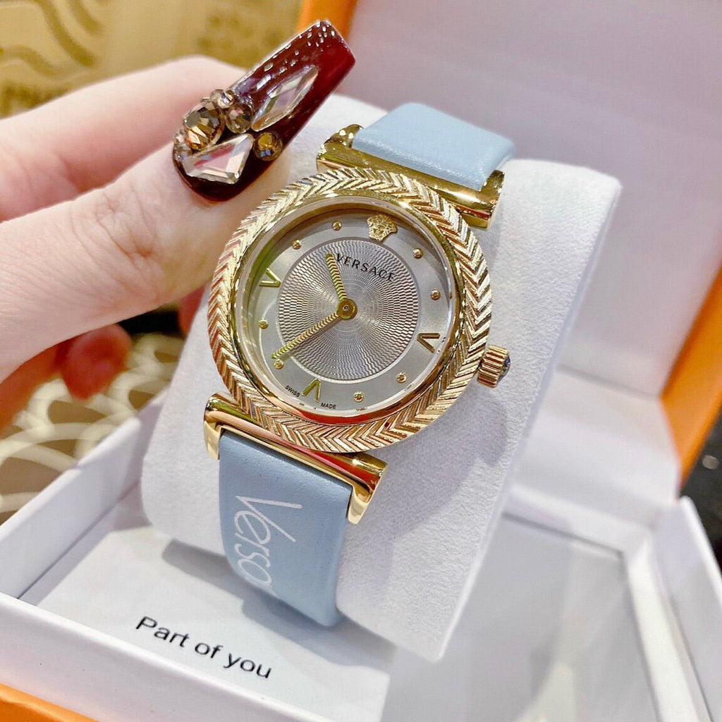 Versace V-Motif Grey Dial Blue Leather Strap Watch for Women - VERE00318 Buy Now By Versace