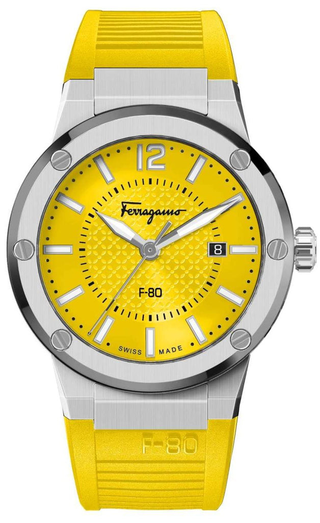 Salvatore Ferragamo F-80 Classic Yellow Dial Yellow Rubber Strap Watch for Men - SFHY01222 Buy Now By Salvatore Ferragamo