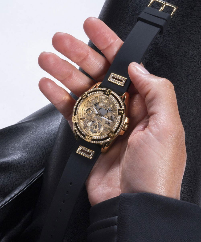 Guess Queen Quartz Gold Dial Black Silicone Strap Watch For Women - GW0536L3 Buy Now By Guess