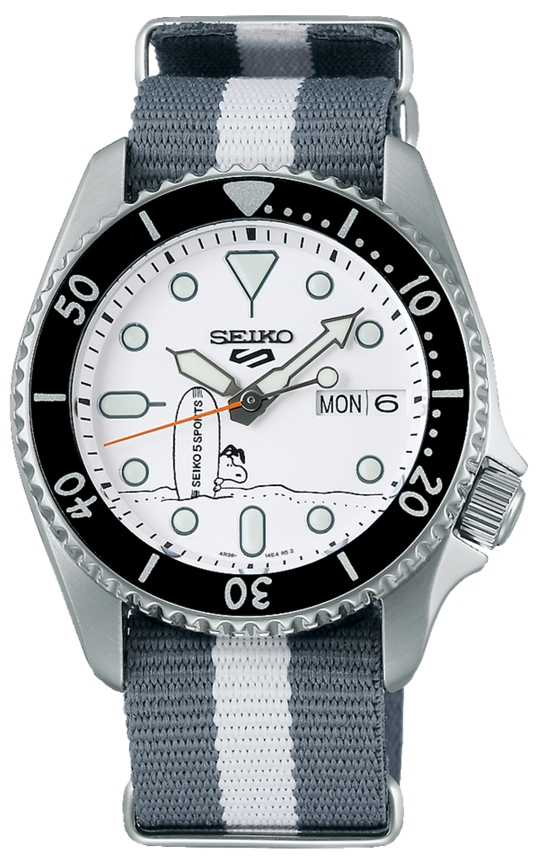 Seiko 5 Sports x Peanuts Surfboard Snoopy Limited Edition White Dial Two Tone NATO Strap Watch For Men - SRPK25K1 Buy Now By Seiko