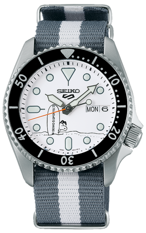 Seiko 5 Sports x Peanuts Surfboard Snoopy Limited Edition White Dial Two Tone NATO Strap Watch For Men - SRPK25K1 Buy Now By Seiko