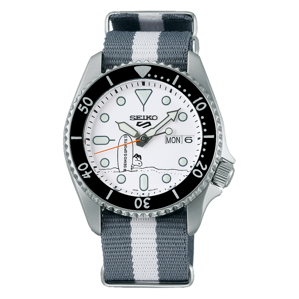 Seiko 5 Sports x Peanuts Surfboard Snoopy Limited Edition White Dial Two Tone NATO Strap Watch For Men - SRPK25K1 Buy Now By Seiko