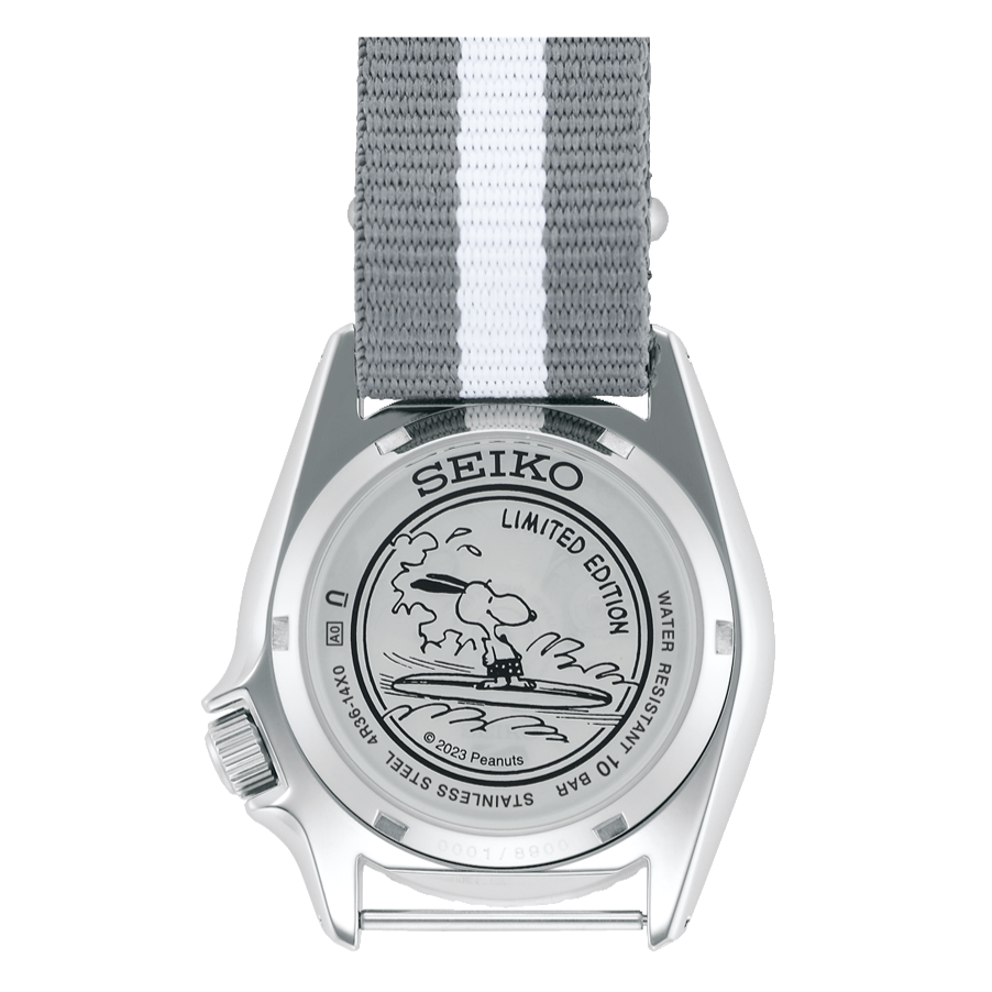 Seiko 5 Sports x Peanuts Surfboard Snoopy Limited Edition White Dial Two Tone NATO Strap Watch For Men - SRPK25K1 Buy Now By Seiko