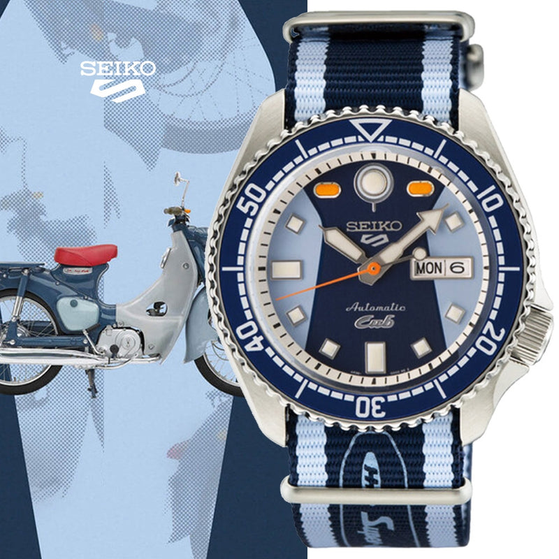 Seiko 5 Sports Honda Super Cub Limited Edition Blue Dial Two Tone NATO Strap Watch For Men - SRPK37K1 Buy Now By Seiko