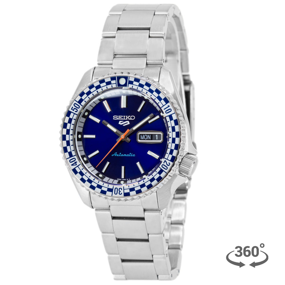 Seiko 5 Sports Petrol Blue Checker Flag Special Edition Blue Dial Silver Steel Strap Watch For Men - SRPK65K1 Buy Now By Seiko
