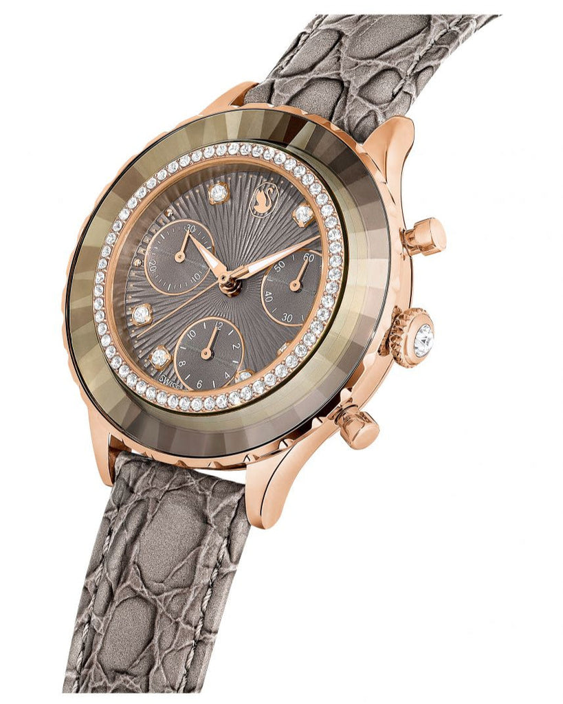 Swarovski Octea Chrono Grey Dial Grey Leather Strap Watch for Women - 5671153 Buy Now By Swarovski