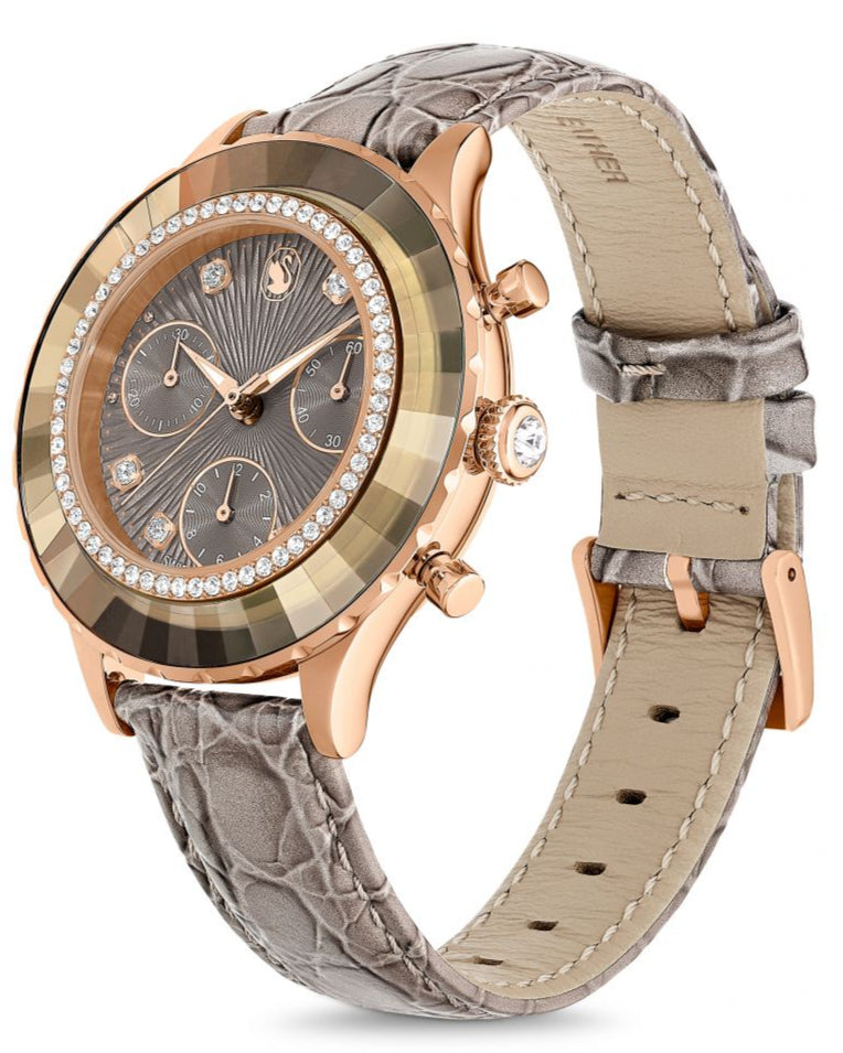 Swarovski Octea Chrono Grey Dial Grey Leather Strap Watch for Women - 5671153 Buy Now By Swarovski