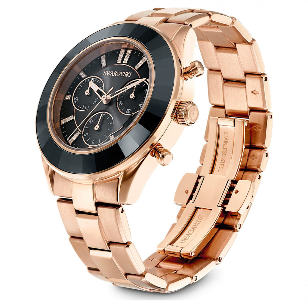 Swarovski Octea Lux Sport Chronograph Black Dial Rose Gold Steel Strap Watch for Women - 5610478 Buy Now By Swarovski