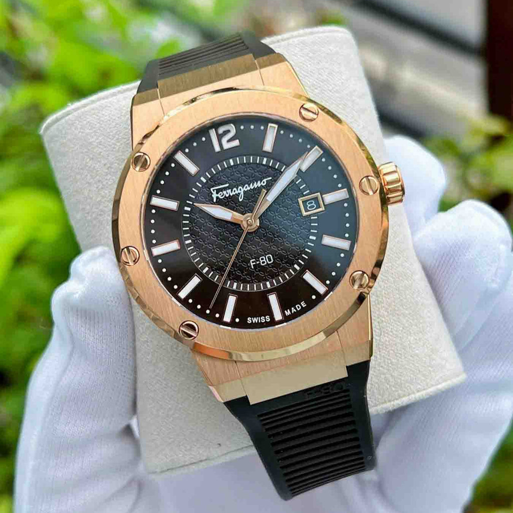 Salvatore Ferragamo F-80 Classic Black Dial Black Rubber Strap Watch for Men - SFHY02522 Buy Now By Salvatore Ferragamo