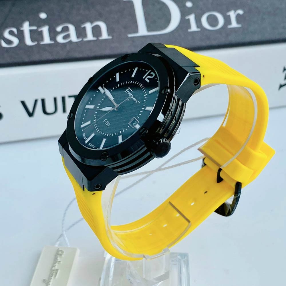 Salvatore Ferragamo F-80 Classic Black Dial Yellow Rubber Strap Watch for Men - SFHY01522 Buy Now By Salvatore Ferragamo