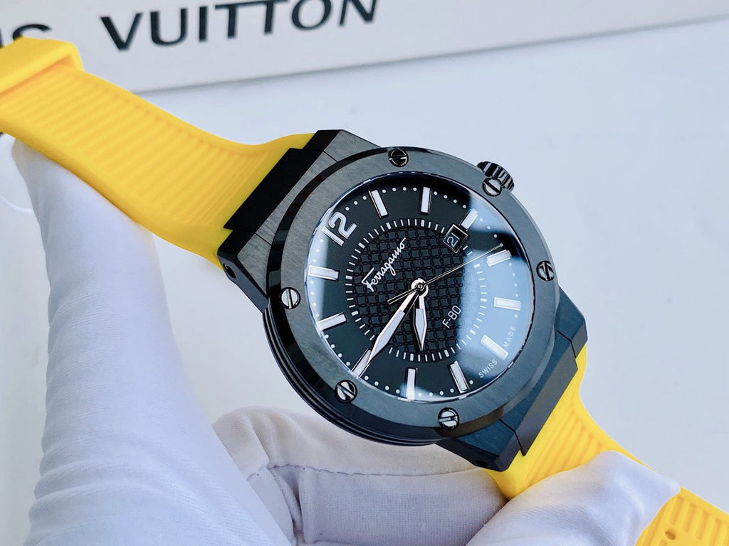 Salvatore Ferragamo F-80 Classic Black Dial Yellow Rubber Strap Watch for Men - SFHY01522 Buy Now By Salvatore Ferragamo
