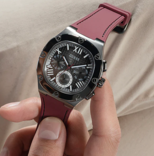 Guess Headline Multifunction Grey Dial Burgundy Silicone Strap Watch For Men - GW0571G4 Buy Now By Guess