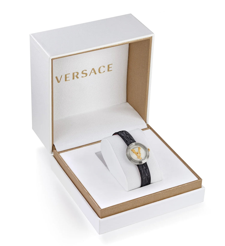 Versace Virtus Quartz White Dial Black Leather Strap Watch For Women - VET300421 Buy Now By Versace
