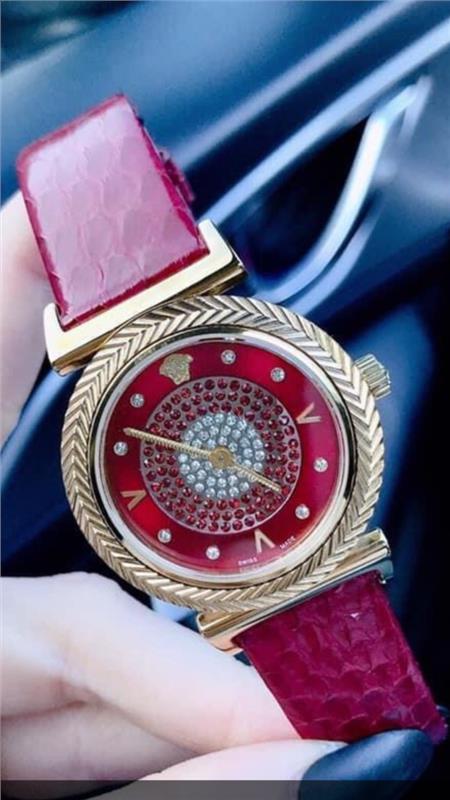 Versace V-Motif Vintage Logo Diamonds Gold Dial Pink Leather Strap Watch for Women - VERE01118 Buy Now By Versace
