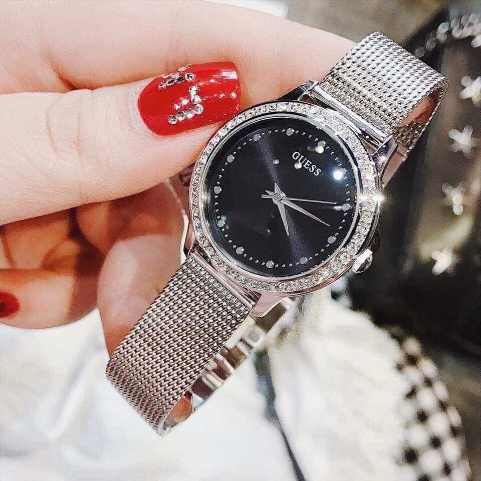 Guess Chelsea Crystals Black Dial Silver Mesh Bracelet Watch For Women - W0647L5 Buy Now By Guess