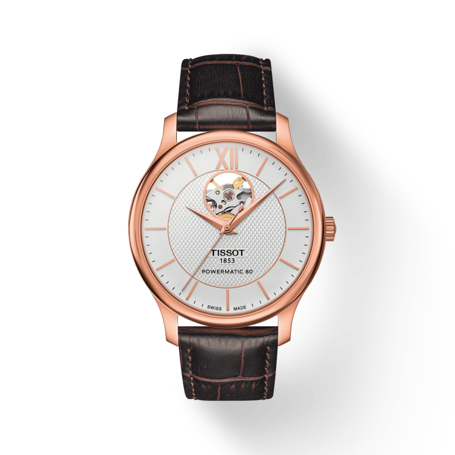 Tissot Tradition Powermatic 80 Open Heart Silver Dial Brown Leather Strap Watch For Men - T063.907.36.038.00 Buy Now By Tissot