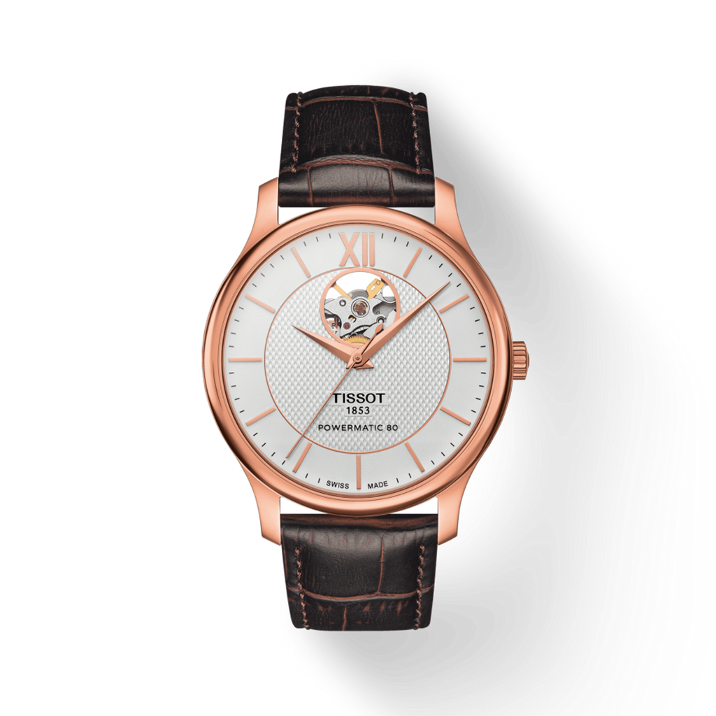 Tissot Tradition Powermatic 80 Open Heart Silver Dial Brown Leather Strap Watch For Men - T063.907.36.038.00 Buy Now By Tissot