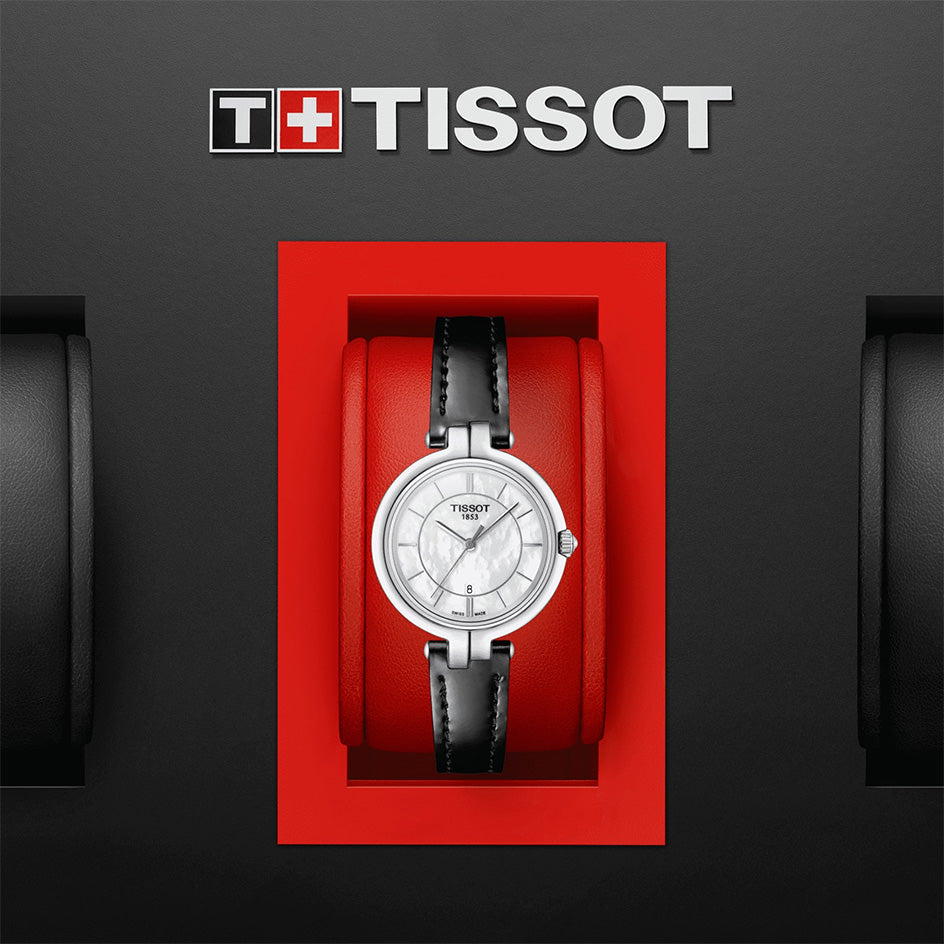 Tissot T Lady Flamingo Mother of Pearl White Dial Black Leather Strap Watch for Women - T094.210.16.111.00 Buy Now By Tissot