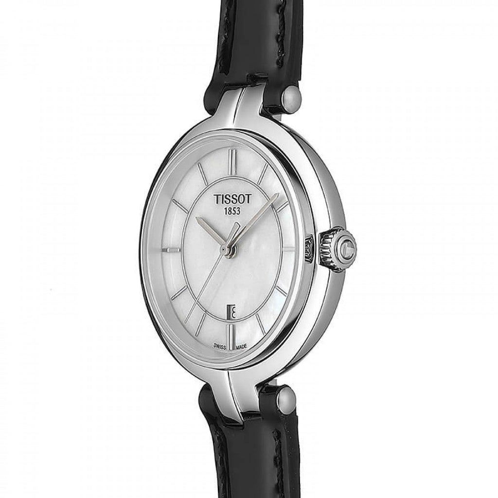 Tissot T Lady Flamingo Mother of Pearl White Dial Black Leather Strap Watch for Women - T094.210.16.111.00 Buy Now By Tissot