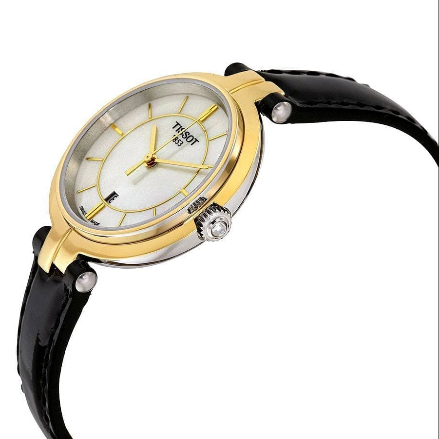 Tissot Flamingo Mother of Pearl White Dial Black Leather Strap Watch For Women - T094.210.26.111.00 Buy Now By Tissot