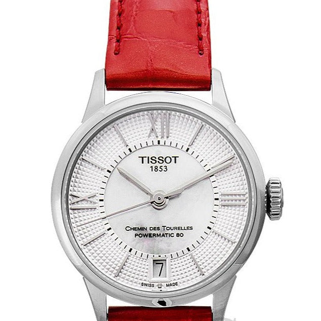 Tissot Chemin Des Tourelles Automatic Mother of Pearl White Dial Red Leather Strap Watch For Women - T099.207.16.118.00 Buy Now By Tissot