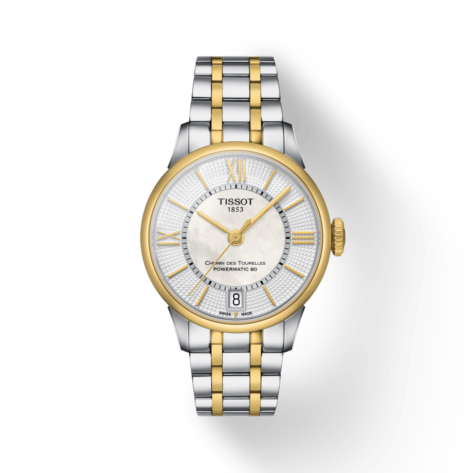 Tissot Chemin Des Tourelles Powermatic 80 Lady Mother of Pearl White Dial Two Tone Steel Strap Watch For Women - T099.207.22.118.00 Buy Now By Tissot