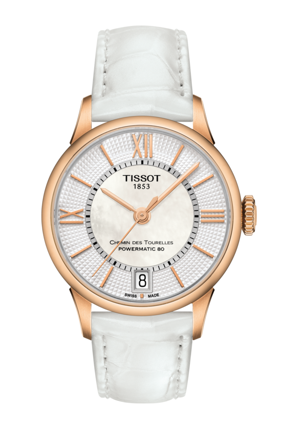 Tissot Chemin Des Tourelles Powermatic 80 Lady Silver Dial White Leather Strap Watch For Women - T099.207.36.118.00 Buy Now By Tissot